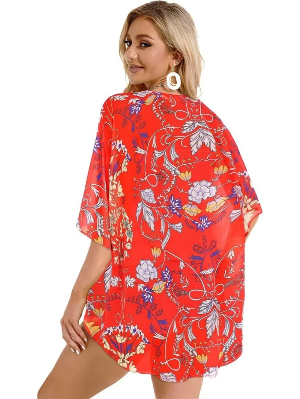 Womens Red Polyester Kimono Cardigan Beach Swimwear Cover Up Floral Puff Sleeve
